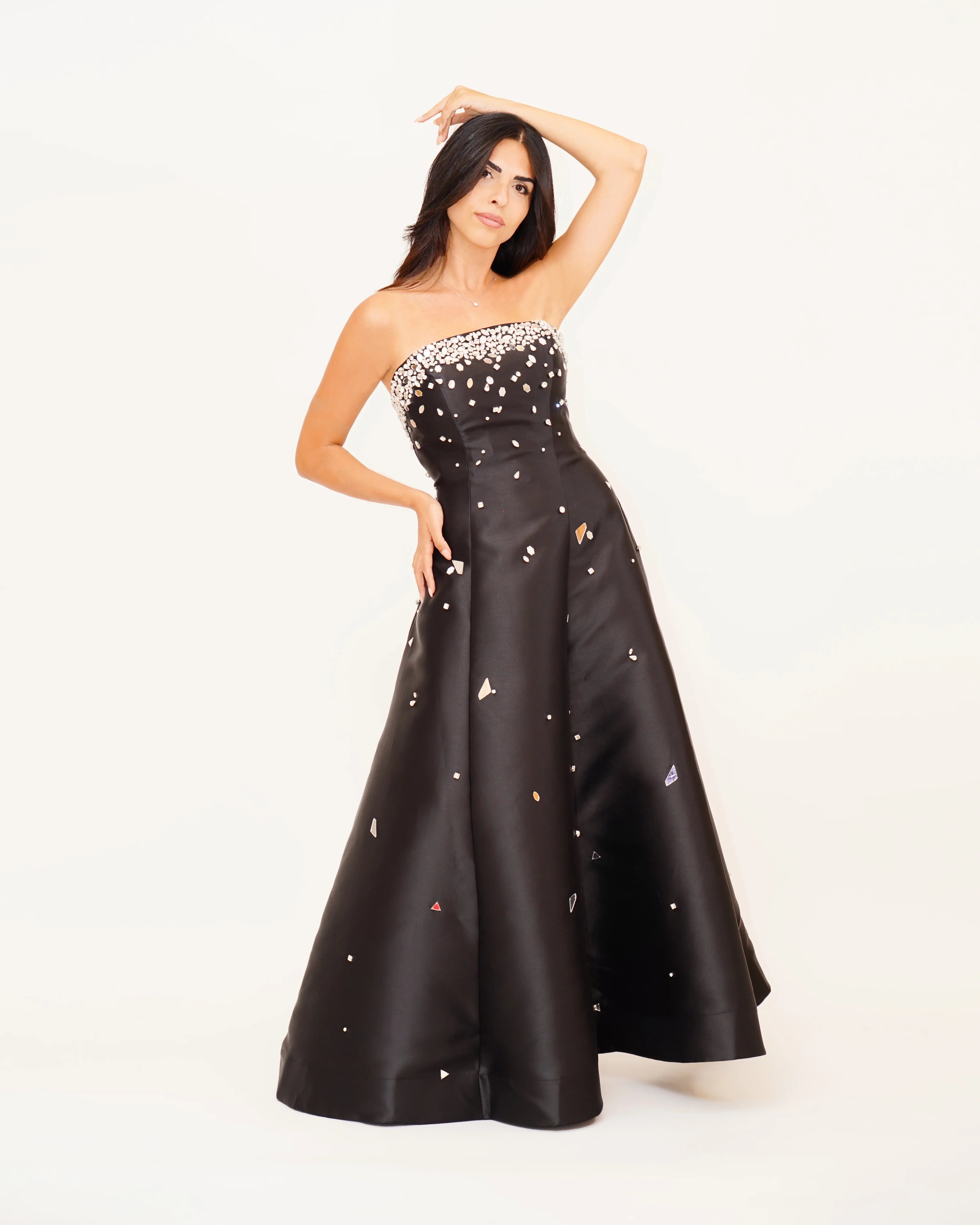 Crystal Mirrored Embellished Strapless A-line Evening Gown.