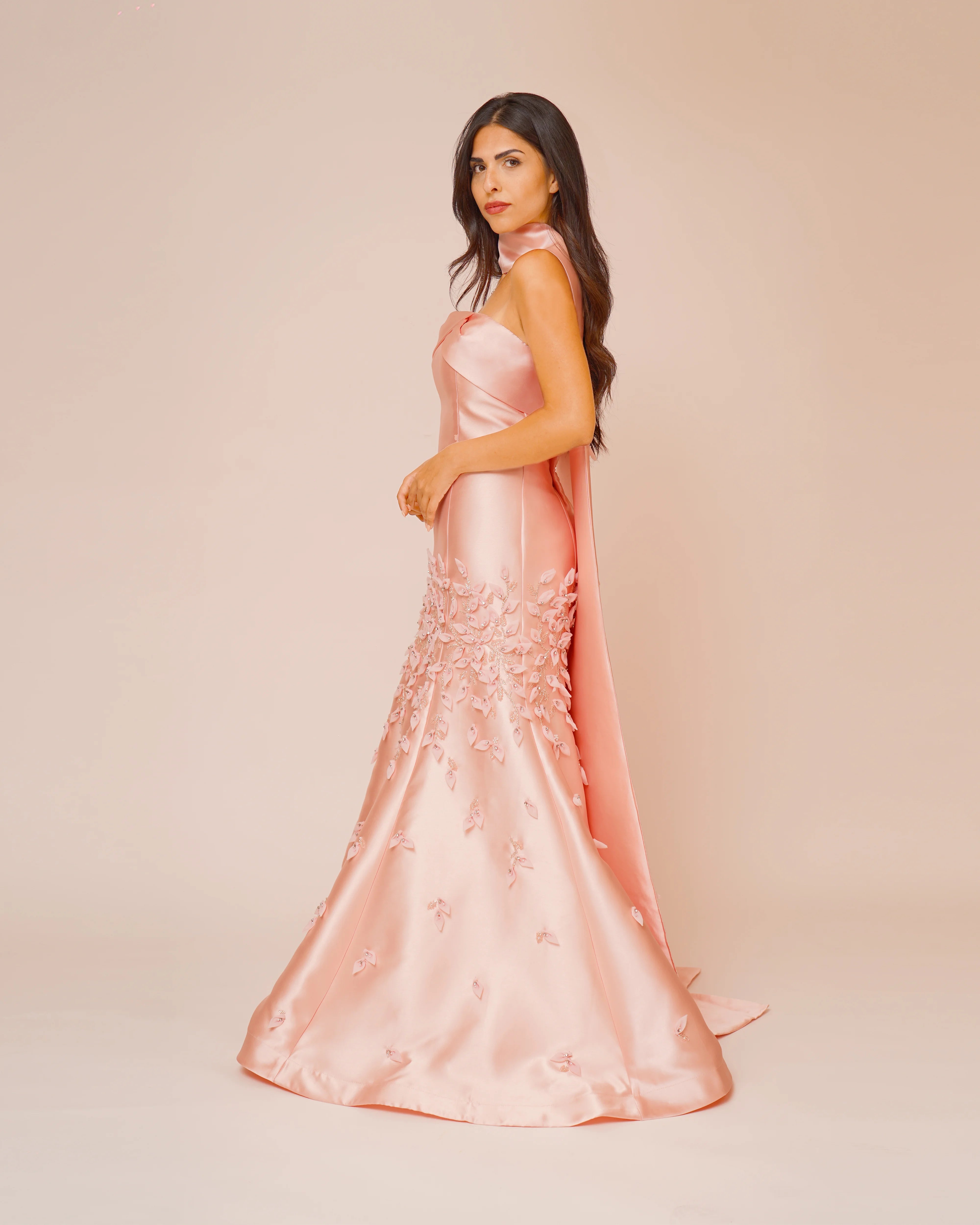 Sweetheart Neckline, Butterfly Sequence Work with Tail. Fur Hand Gloves with Sequins