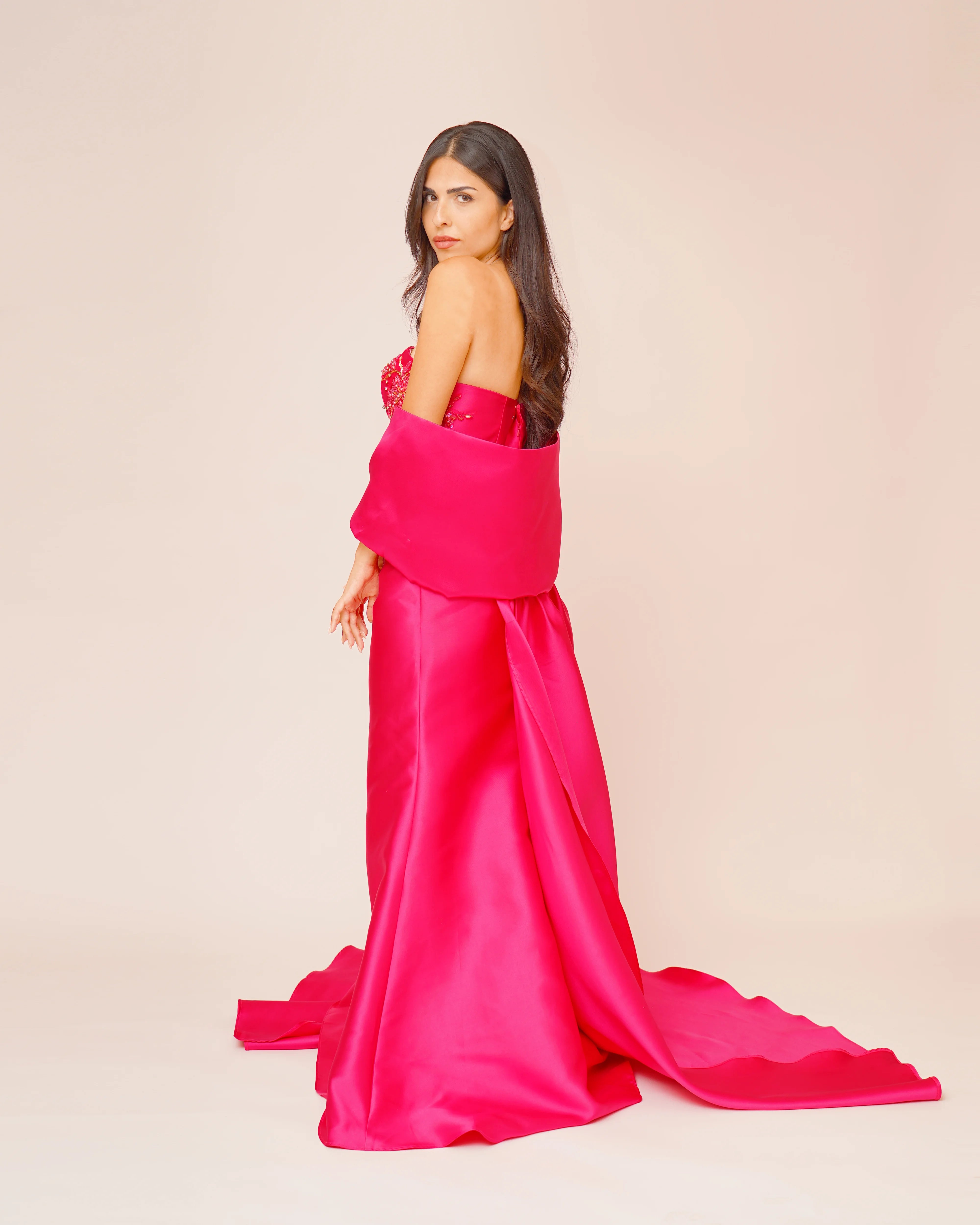 Beaded Off-Shoulder Dress with Cape Shawl