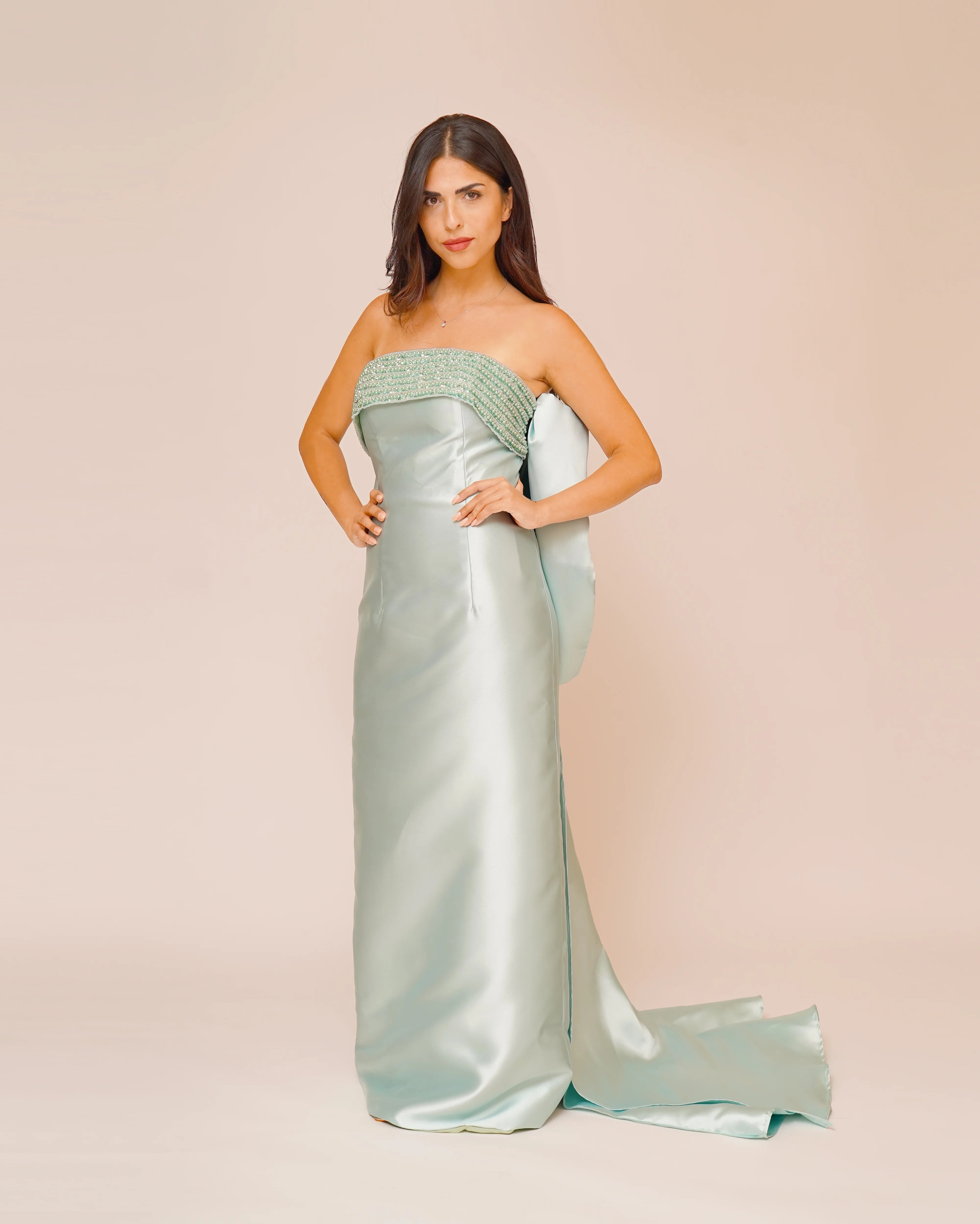 Sequins Neck, Strapless Pleated Sheath Gown with Oversized Scattered Embellishments Bow Knot