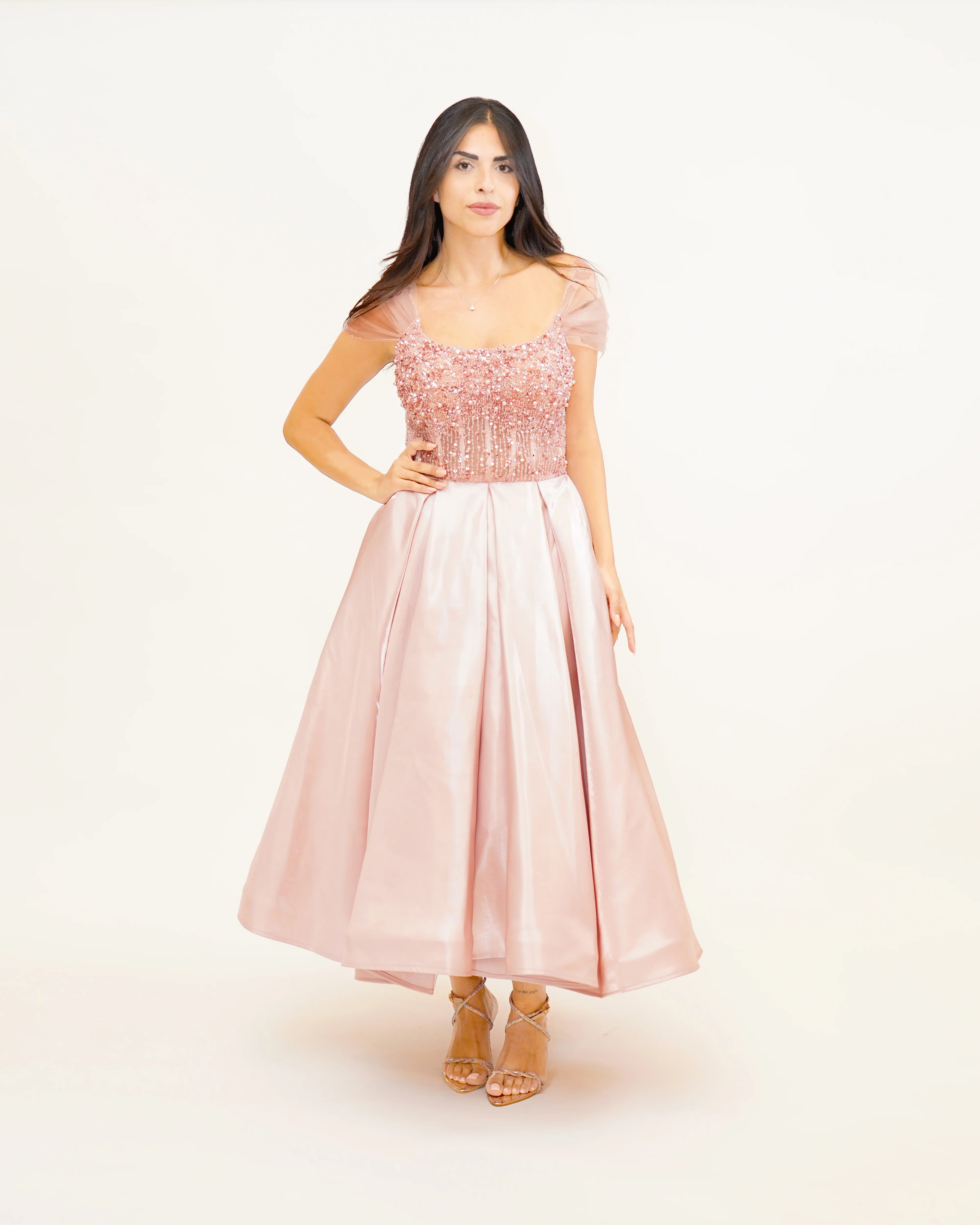 Ankle length Box Pleated Flare Dress with Sequins Net Long Cape